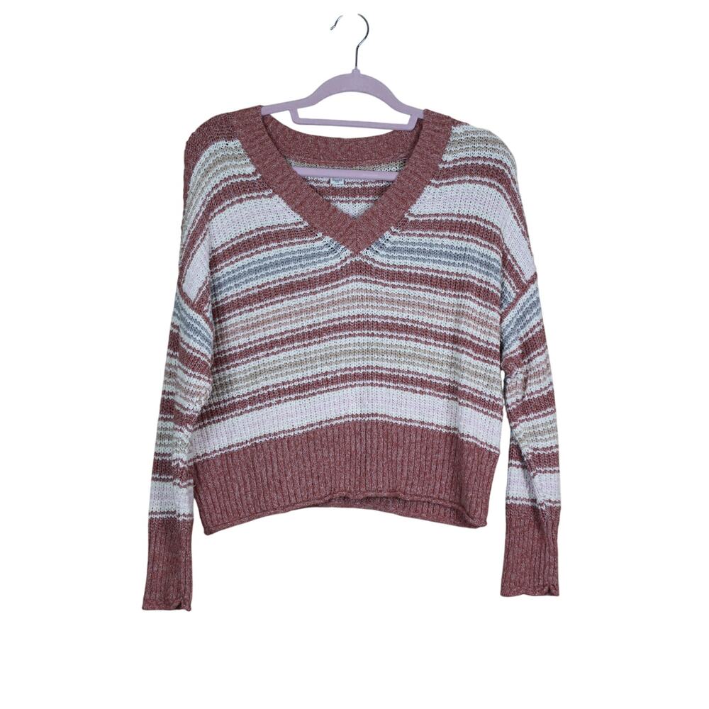 American Eagle Neutral Striped Cropped Knit Relax Fit Comfy Boho Sweater Size XS